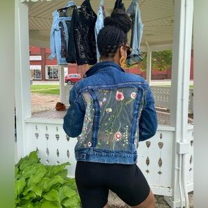 Handmade sheer panel floral denim jacket